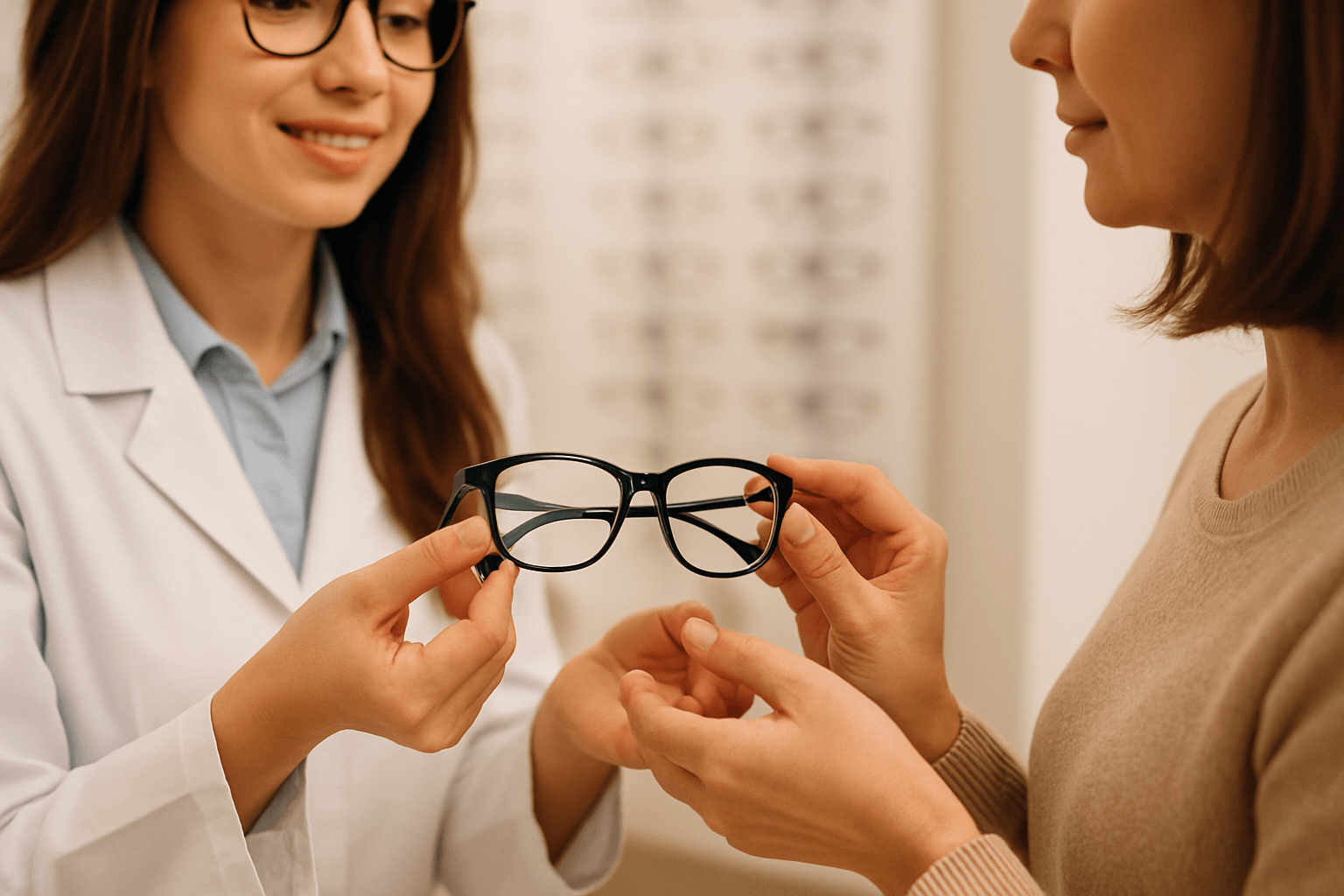 Atendente de ótica ajudando cliente a escolher óculos